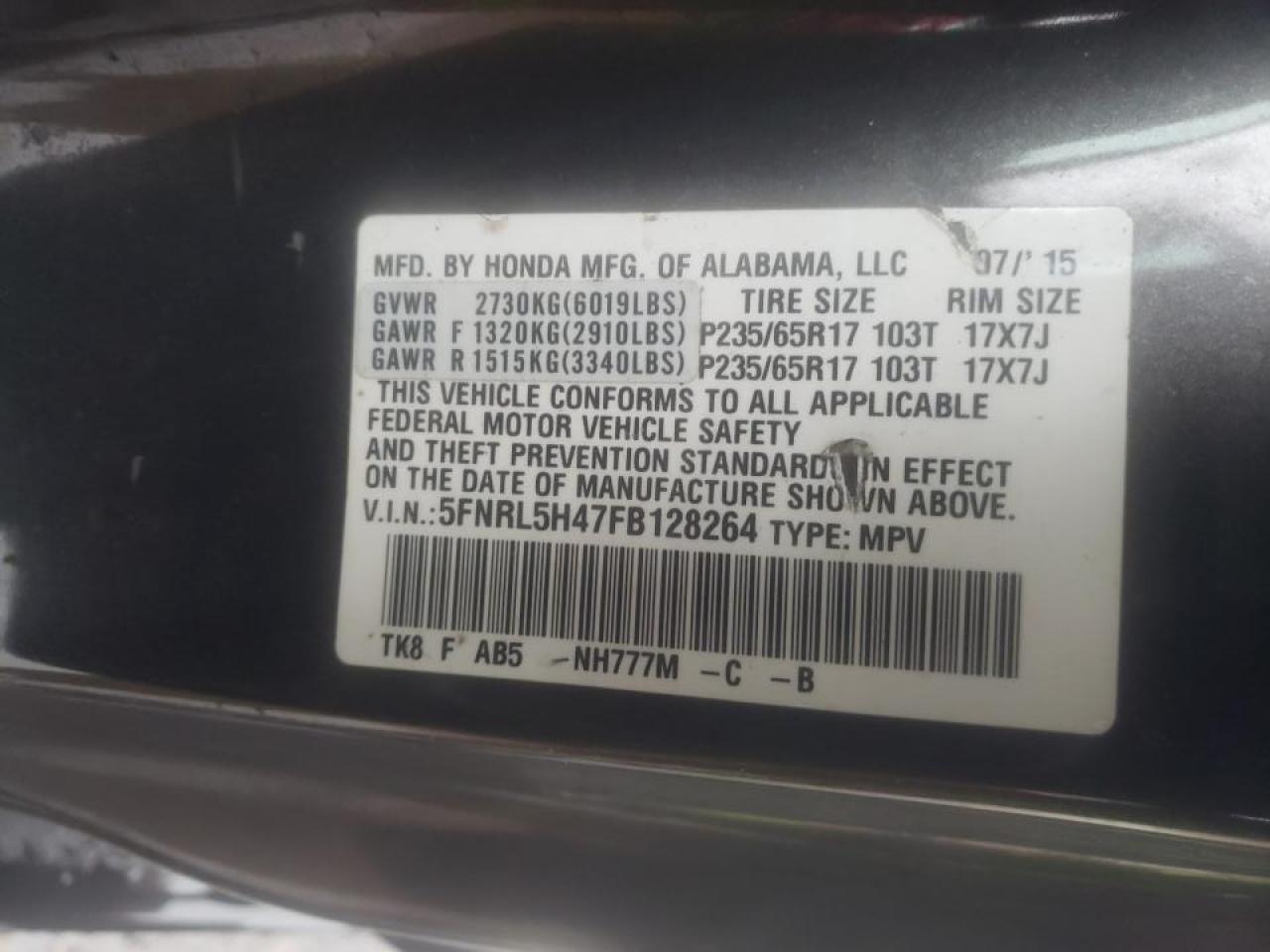 Photo 10 from auction – 2015 HONDA ODYSSEY EX with VIN 5FNRL5H47FB128264
