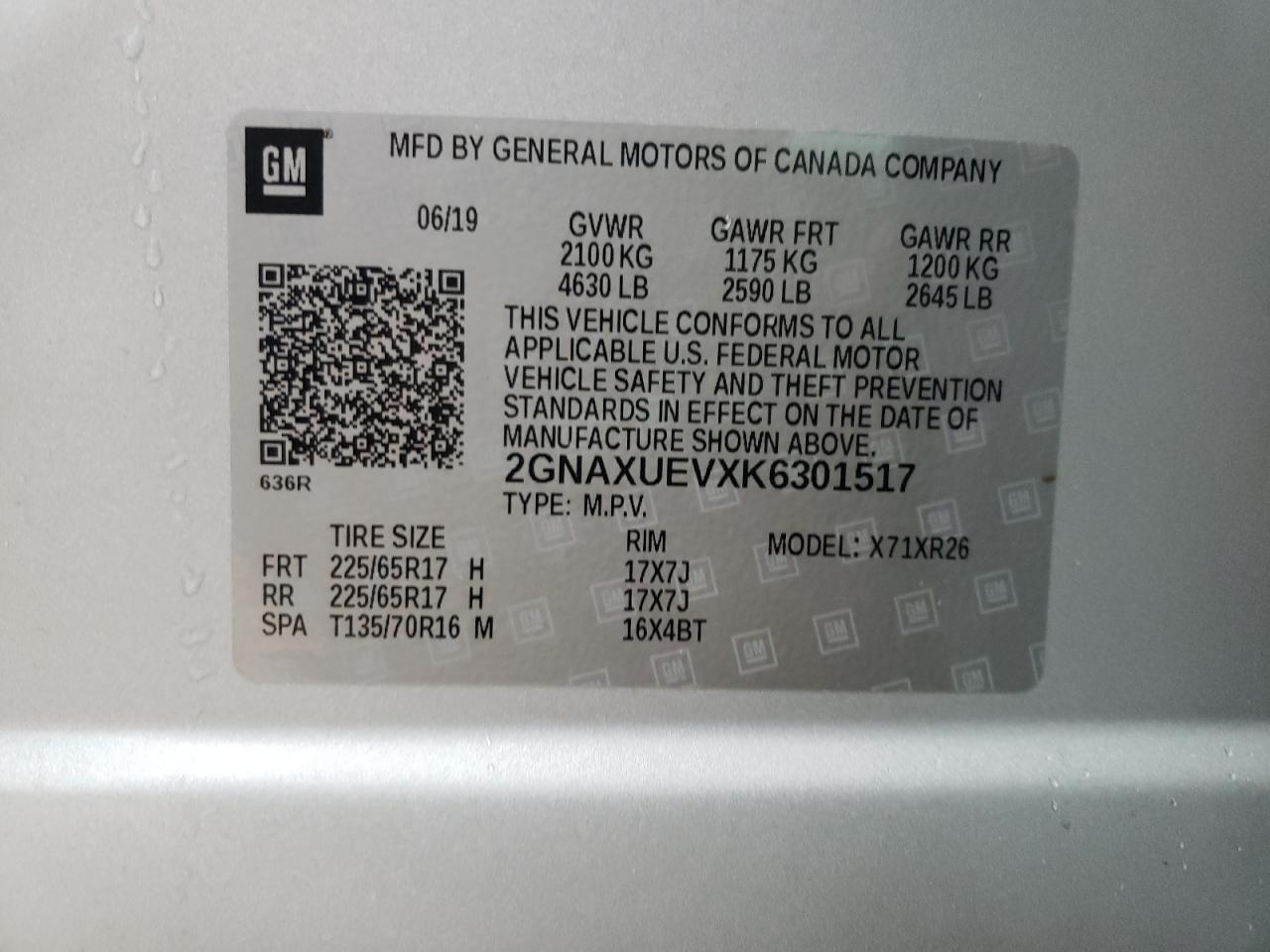 Photo 10 from auction – 2019 CHEVROLET EQUINOX LT with VIN 2GNAXUEVXK6301517