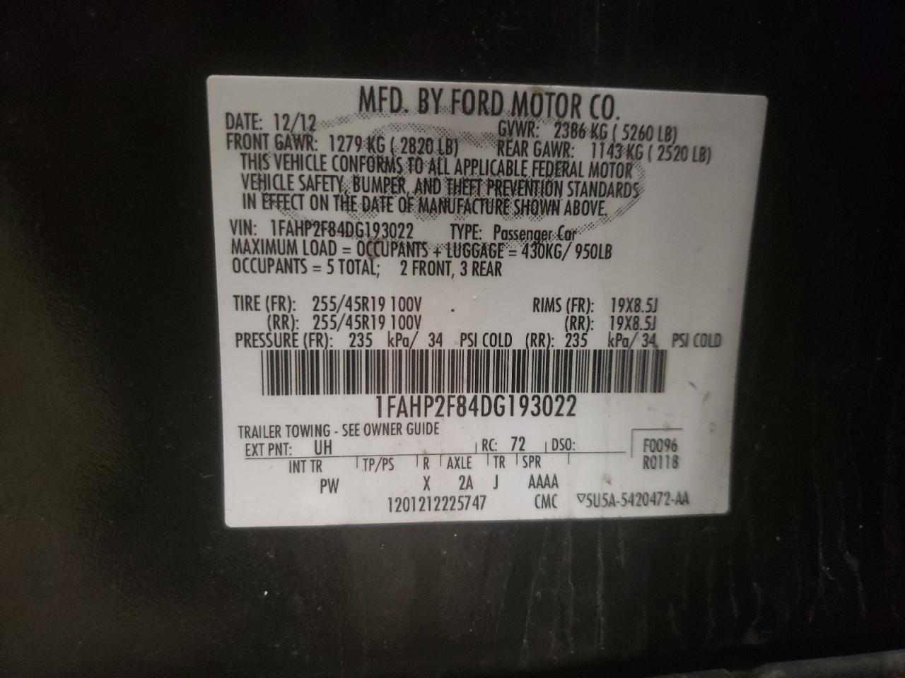 Photo 10 from auction – 2013 FORD TAURUS LIM with VIN 1FAHP2F84DG193022