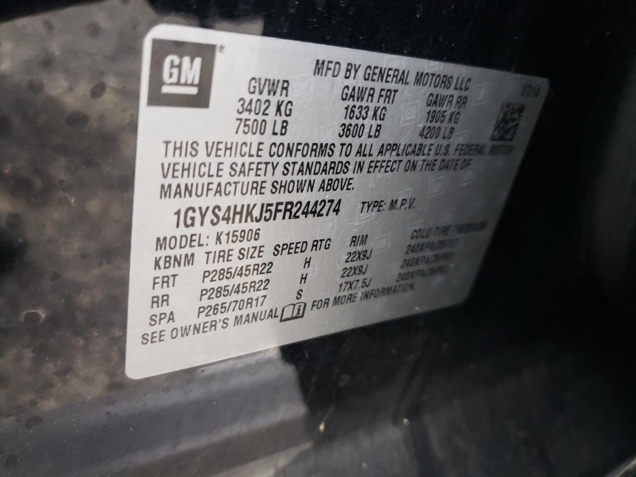 Photo 10 from auction – 2015 CADILLAC ESCALADE E with VIN 1GYS4HKJ5FR244274