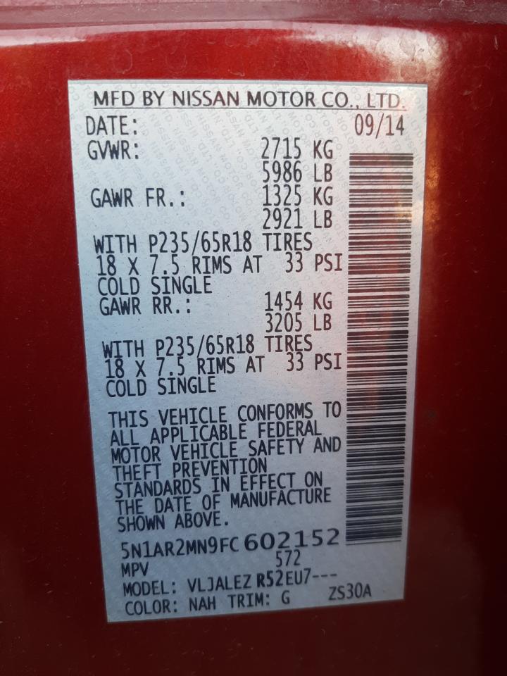 Photo 10 from auction – 2015 NISSAN PATHFINDER with VIN 5N1AR2MN9FC602152