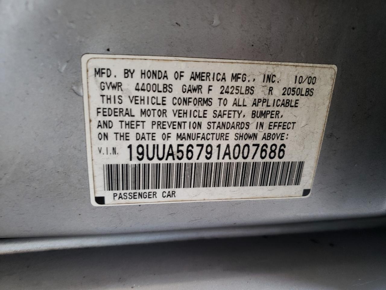 Photo 10 from auction – 2001 ACURA 3.2TL with VIN 19UUA56791A007686