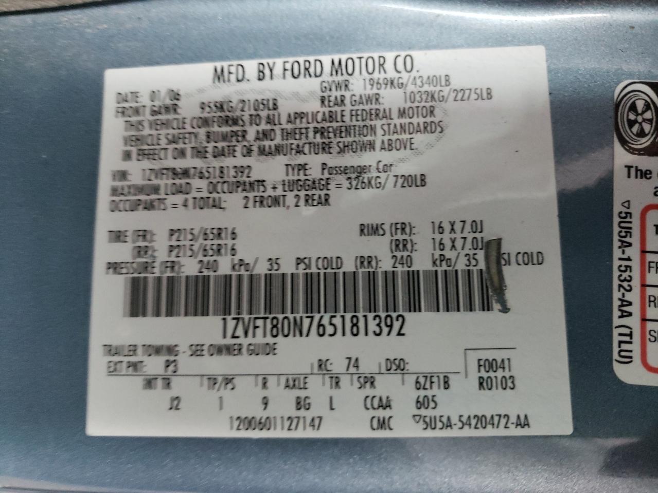 Photo 10 from auction – 2006 FORD MUSTANG with VIN 1ZVFT80N765181392