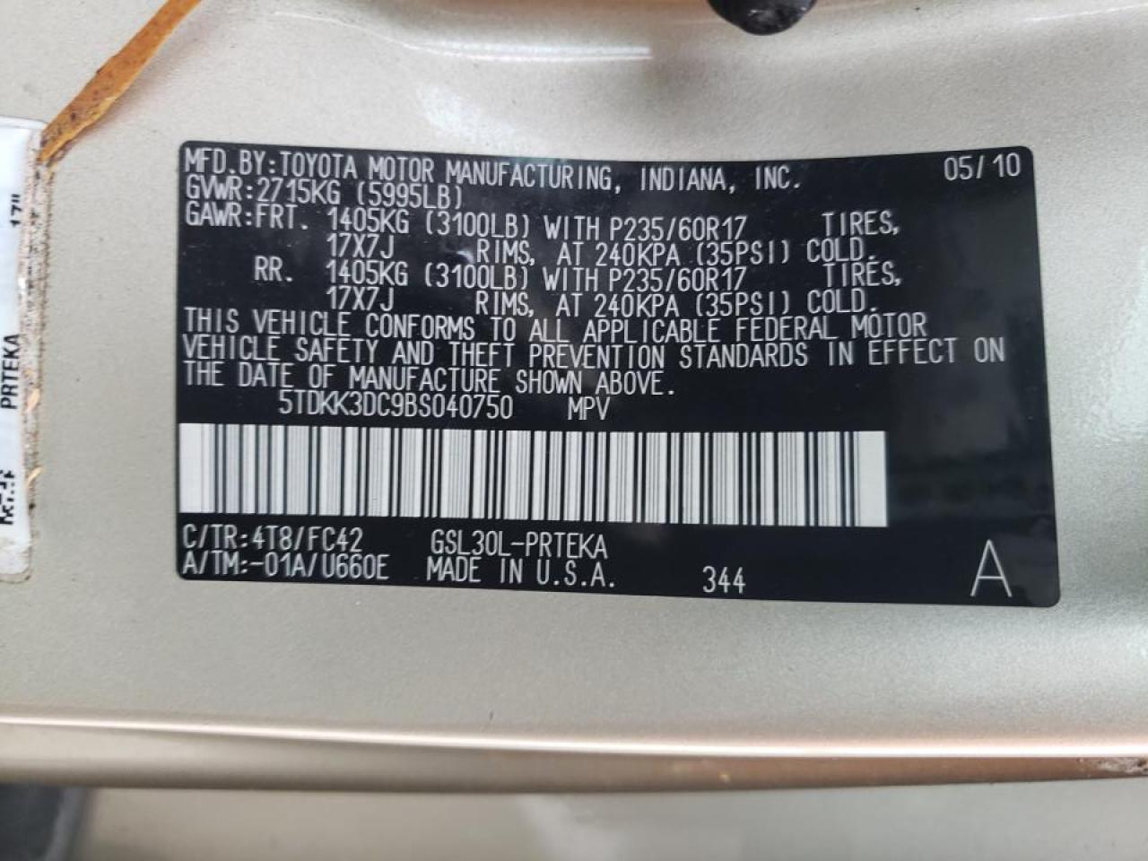 Photo 10 from auction – 2011 TOYOTA SIENNA LE with VIN 5TDKK3DC9BS040750