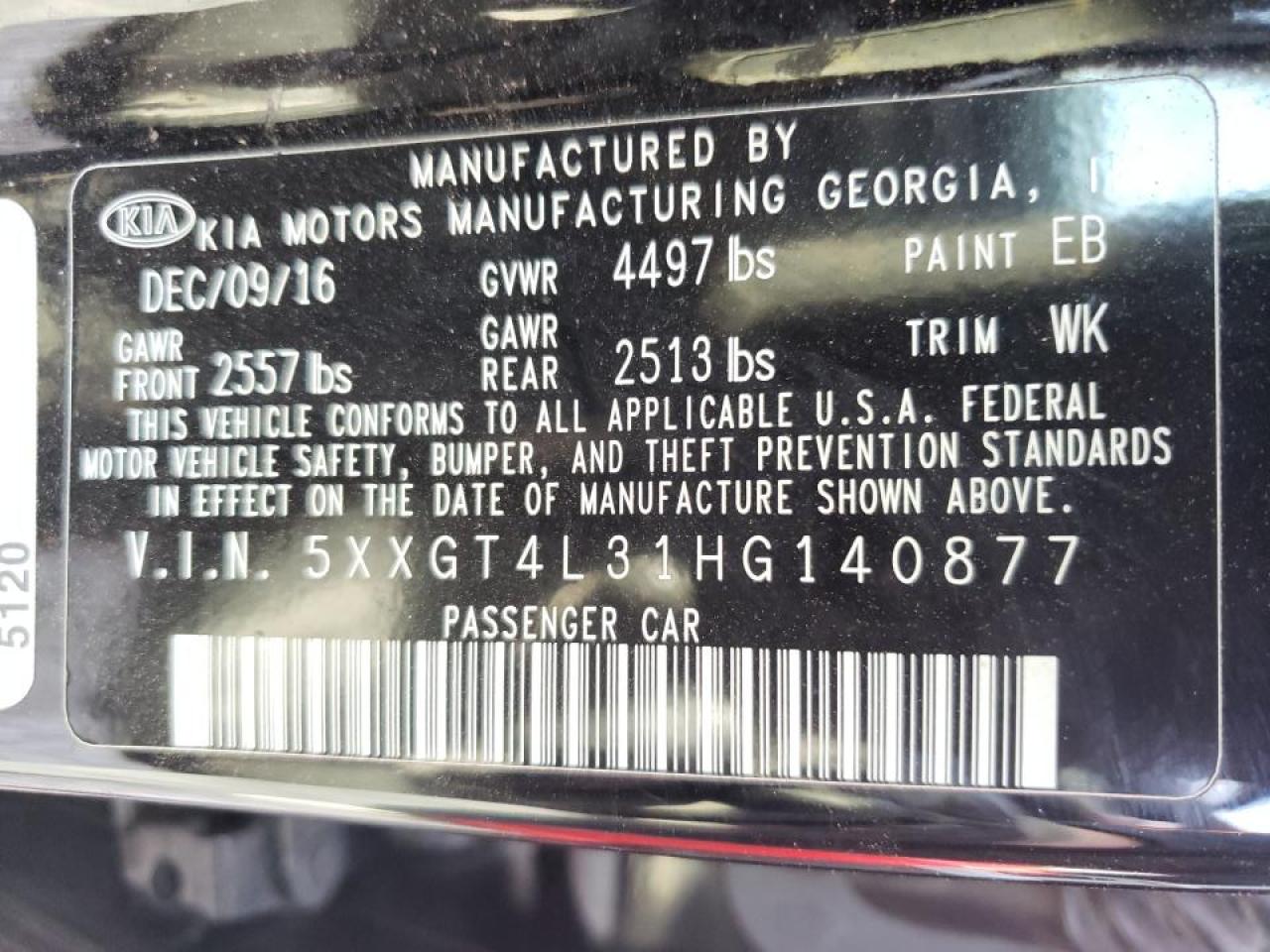 Photo 10 from auction – 2017 KIA OPTIMA with VIN 5XXGT4L31HG140877