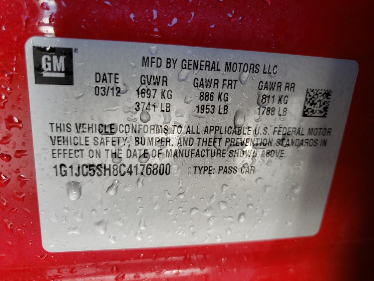 Photo 10 from auction – 2012 CHEVROLET SONIC LT with VIN 1G1JC5SH8C4176800
