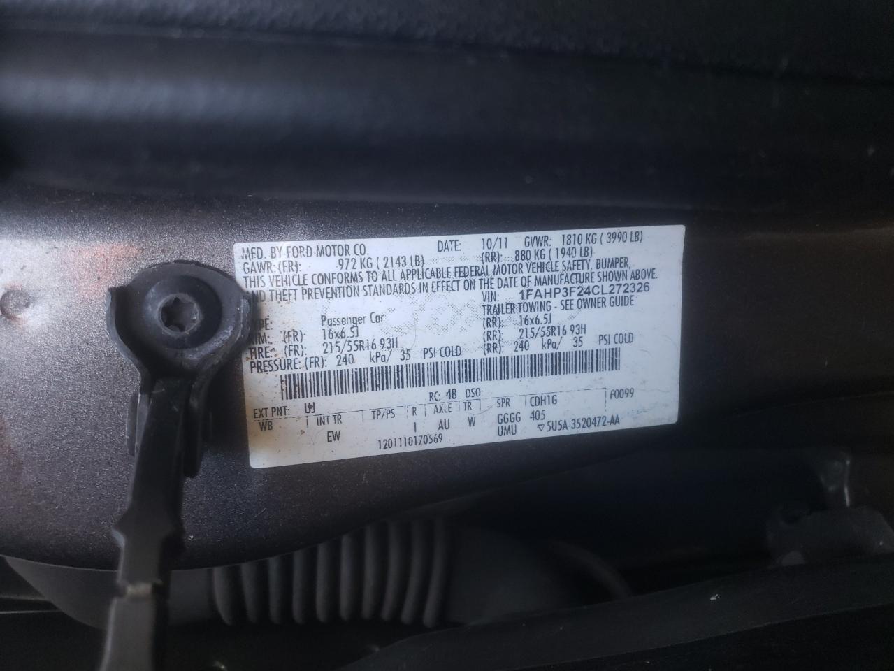 Photo 10 from auction – 2012 FORD FOCUS SE with VIN 1FAHP3F24CL272326
