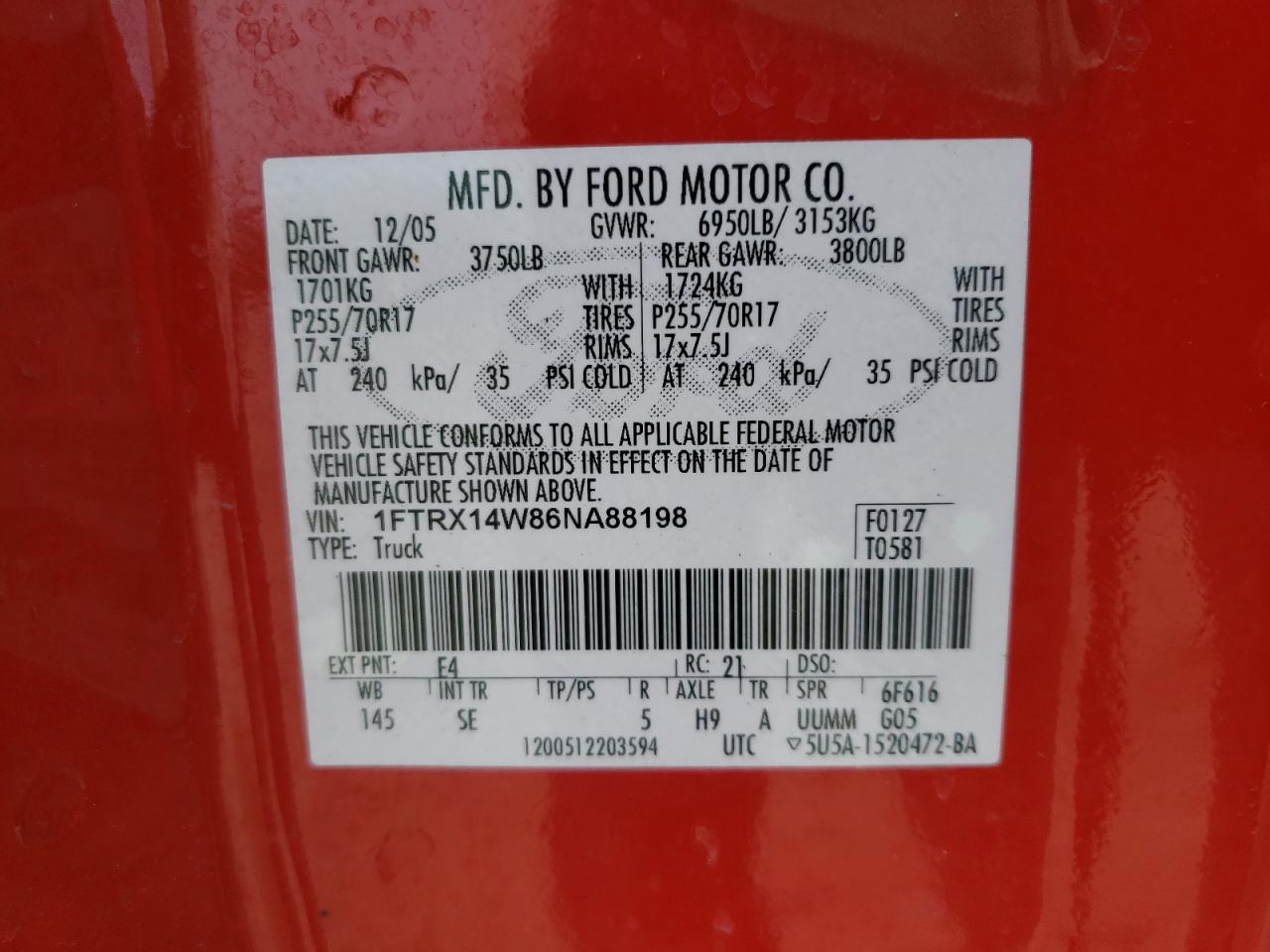 Photo 10 from auction – 2006 FORD F150 with VIN 1FTRX14W86NA88198
