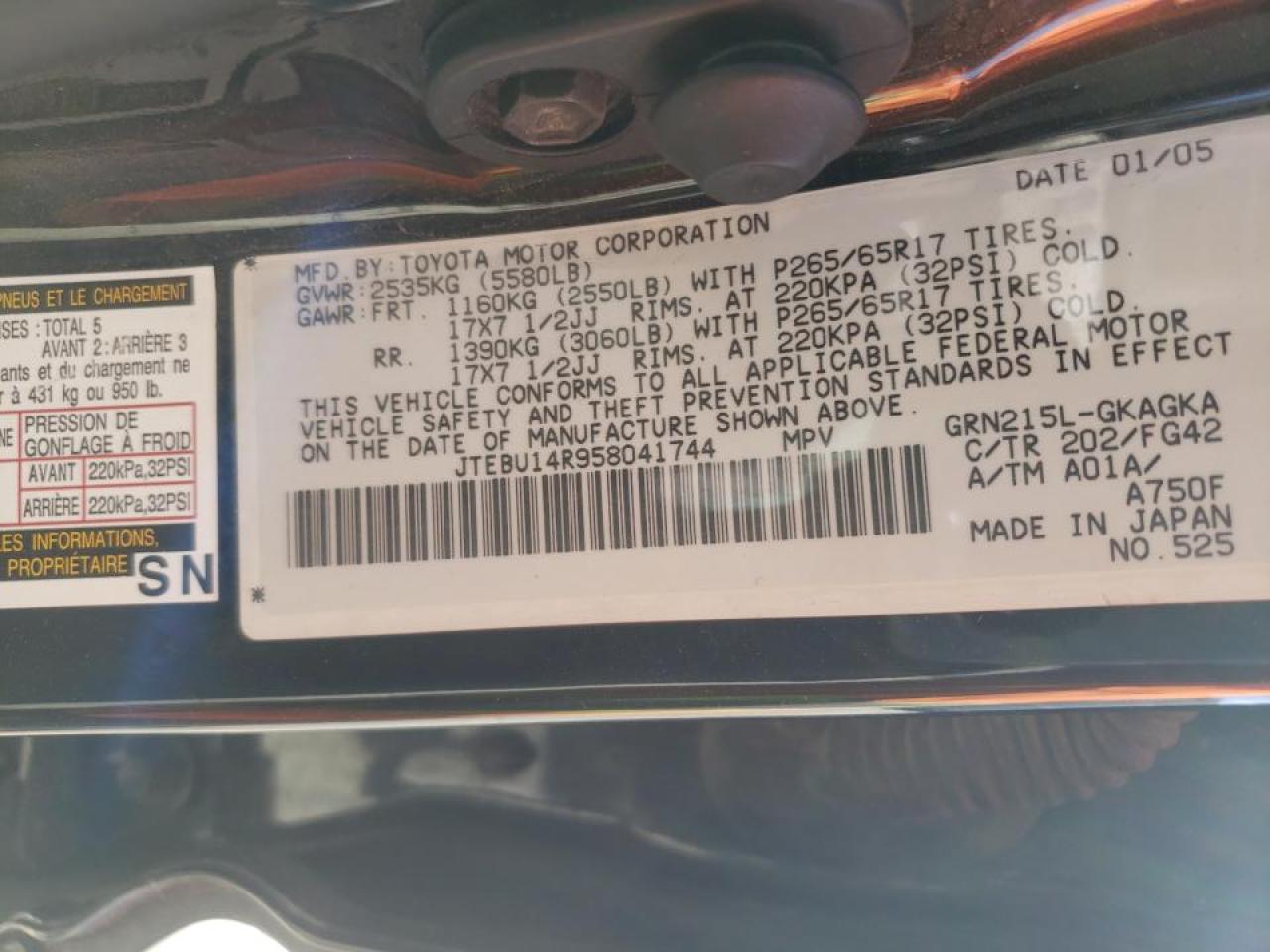 Photo 10 from auction – 2005 TOYOTA 4RUNNER SR with VIN JTEBU14R958041744