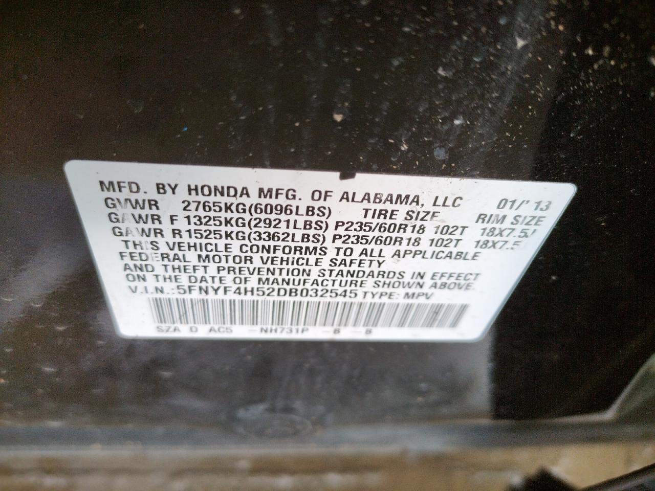 Photo 10 from auction – 2013 HONDA PILOT EXL with VIN 5FNYF4H52DB032545