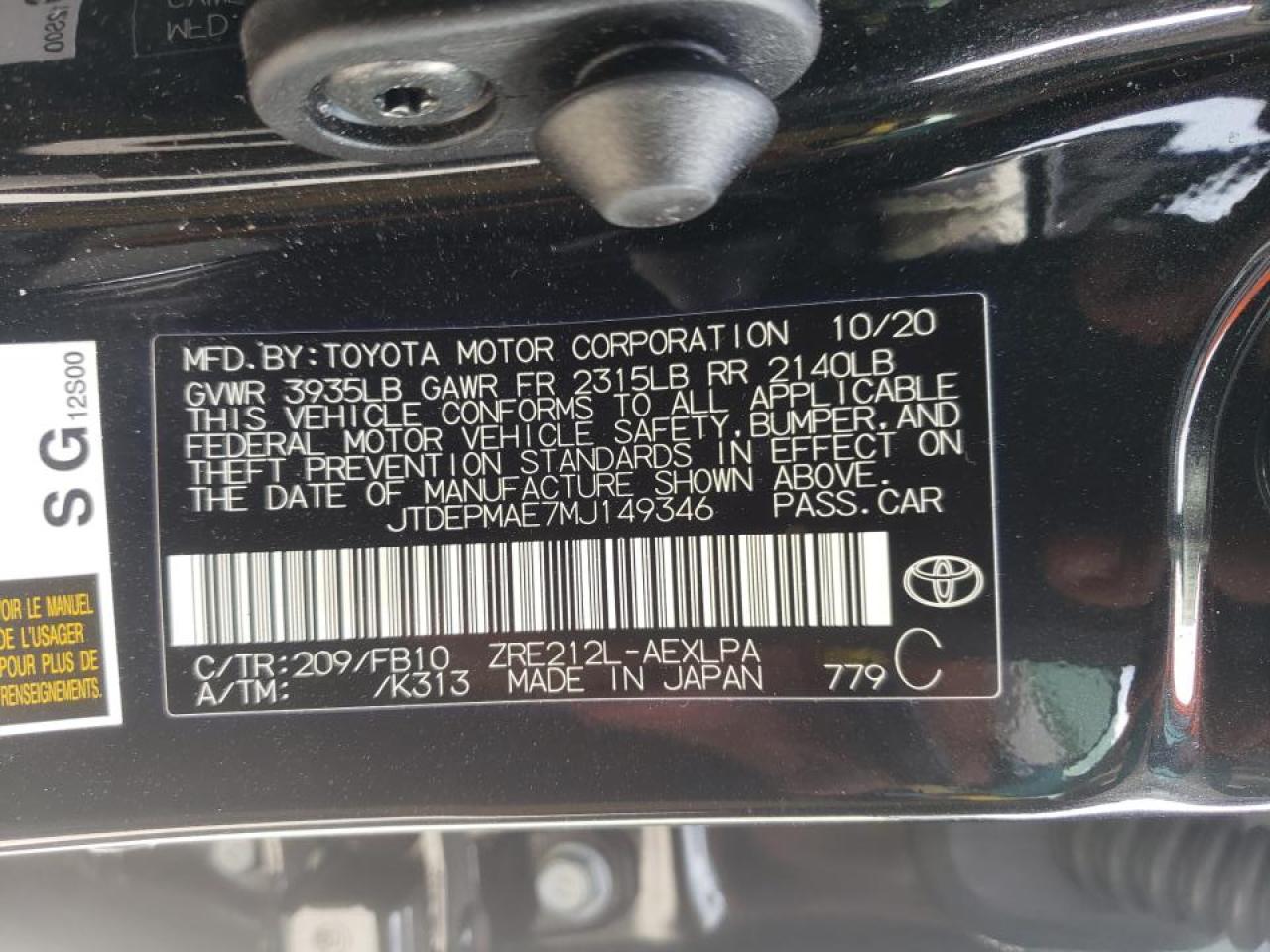 Photo 10 from auction – 2021 TOYOTA COROLLA LE with VIN JTDEPMAE7MJ149346