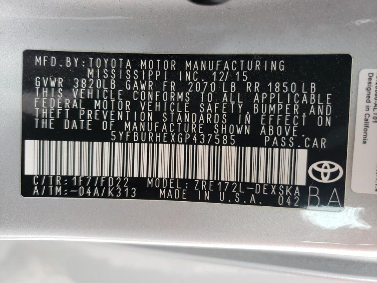 Photo 10 from auction – 2016 TOYOTA COROLLA L with VIN 5YFBURHEXGP437585