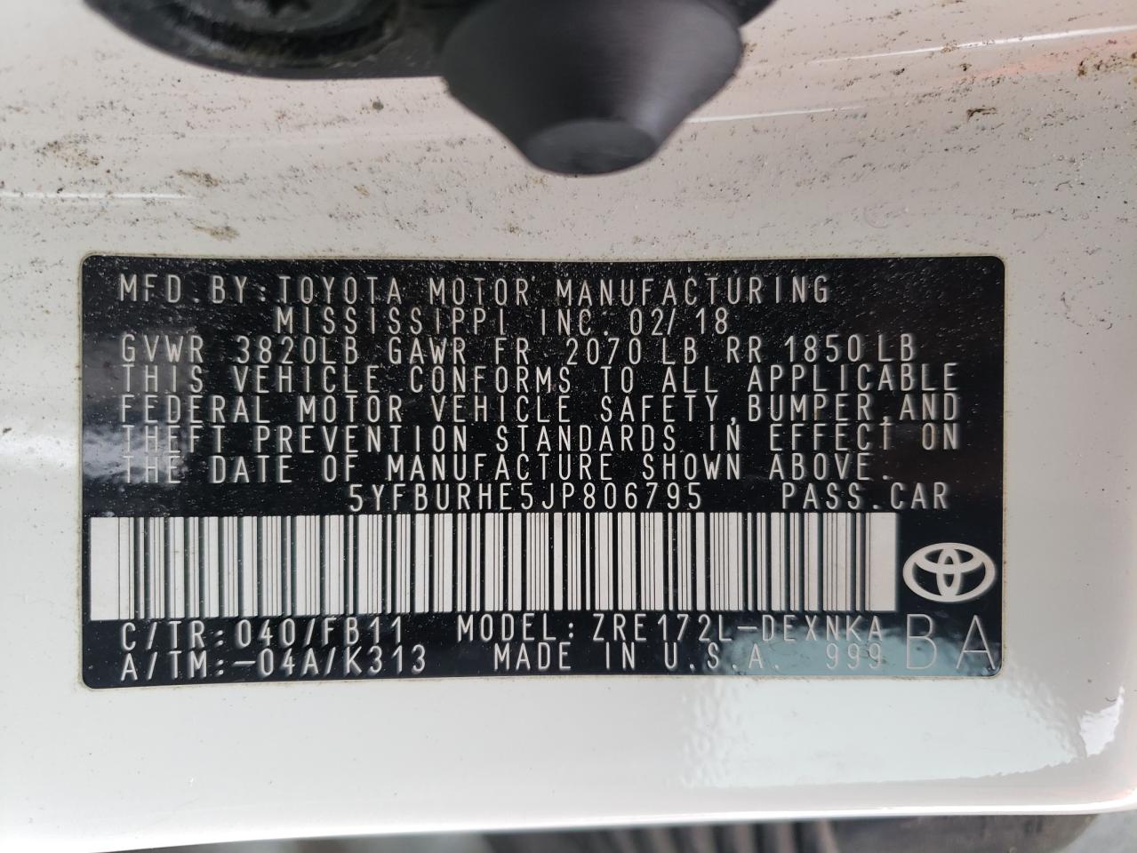 Photo 10 from auction – 2018 TOYOTA COROLLA L with VIN 5YFBURHE5JP806795