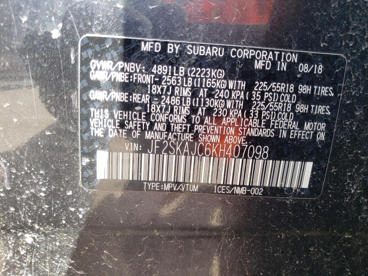 Zdjęcie 10 z aukcji – 2019 SUBARU FORESTER S z VIN JF2SKAJC6KH407098
