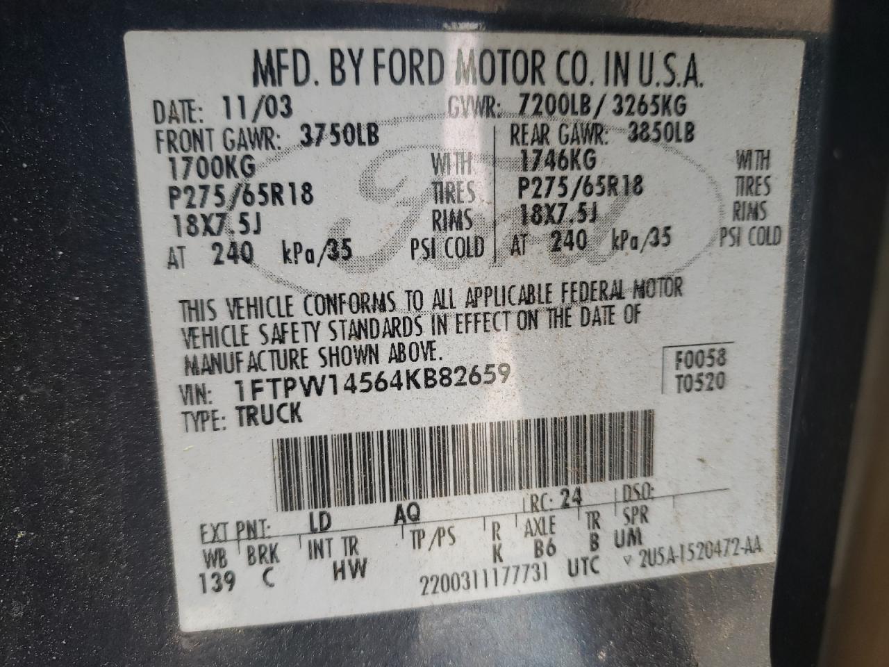 Photo 10 from auction – 2004 FORD F150 SUPER with VIN 1FTPW14564KB82659