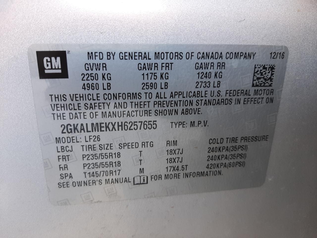 Photo 10 from auction – 2017 GMC TERRAIN SL with VIN 2GKALMEKXH6257655