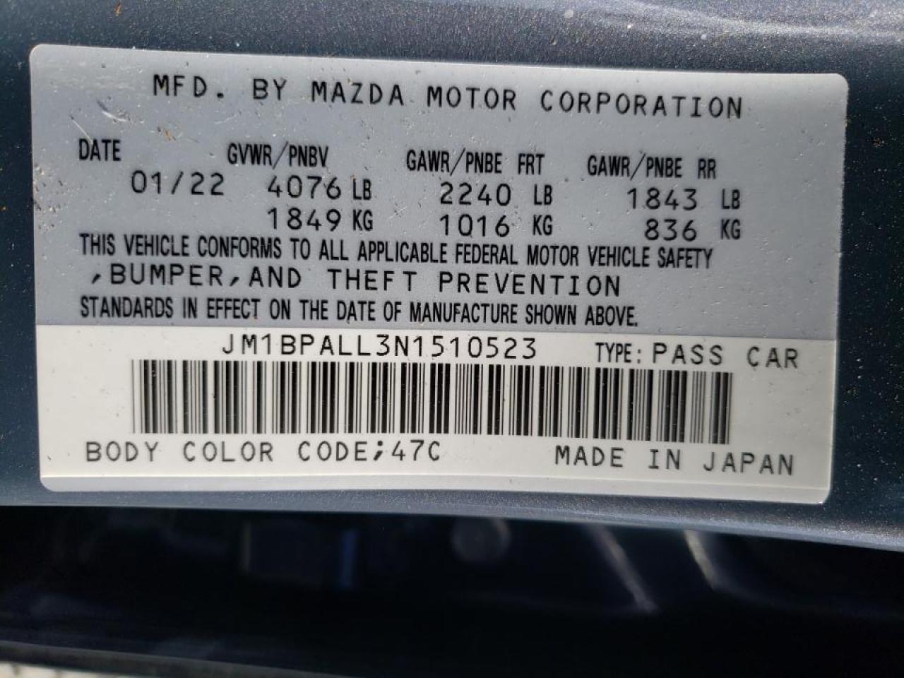 Photo 10 from auction – 2022 MAZDA 3 PREFERRE with VIN JM1BPALL3N1510523