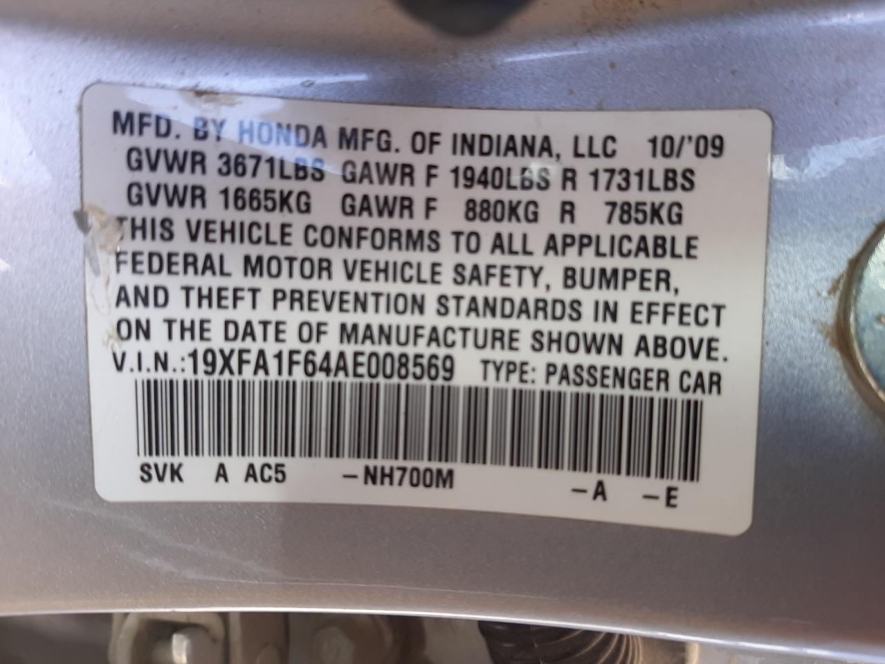Photo 10 from auction – 2010 HONDA CIVIC LX-S with VIN 19XFA1F64AE008569