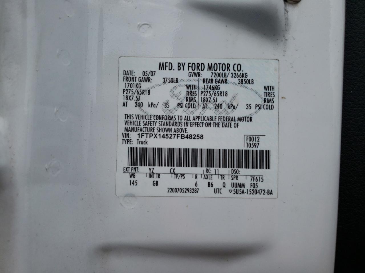 Photo 10 from auction – 2007 FORD F150 with VIN 1FTPX14527FB48258