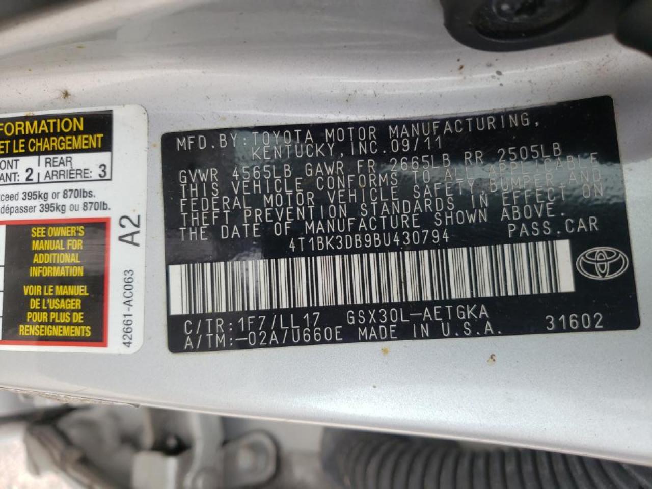 Photo 10 from auction – 2011 TOYOTA AVALON BAS with VIN 4T1BK3DB9BU430794