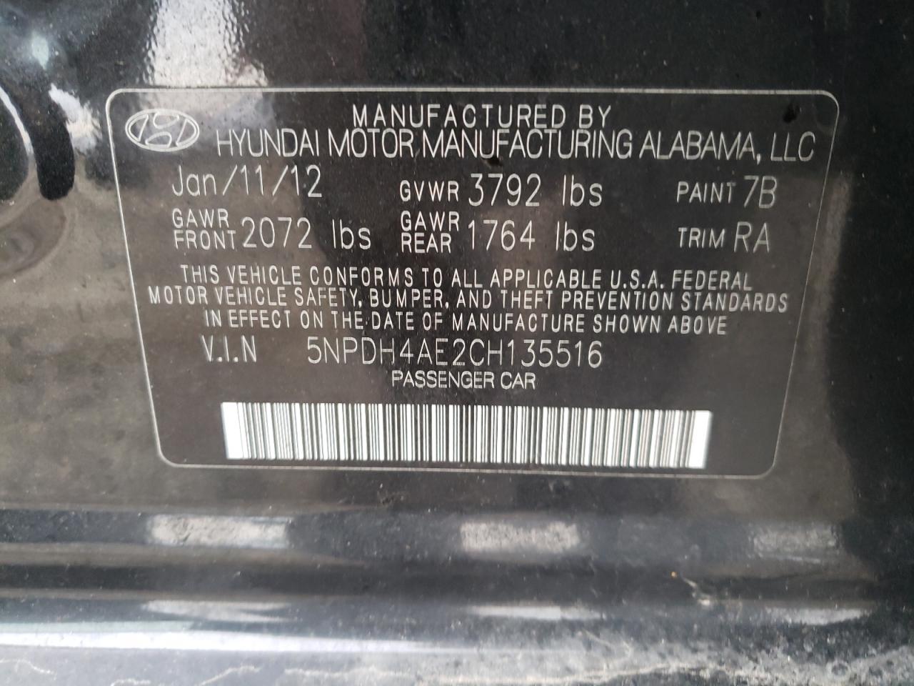 Photo 10 from auction – 2012 HYUNDAI ELANTRA GL with VIN 5NPDH4AE2CH135516