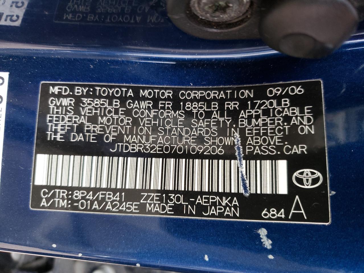 Photo 10 from auction – 2007 TOYOTA COROLLA CE with VIN JTDBR32E070109206