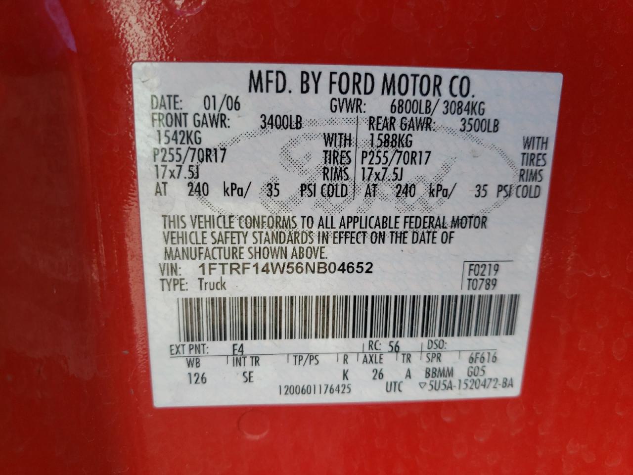 Photo 10 from auction – 2006 FORD F150 with VIN 1FTRF14W56NB04652