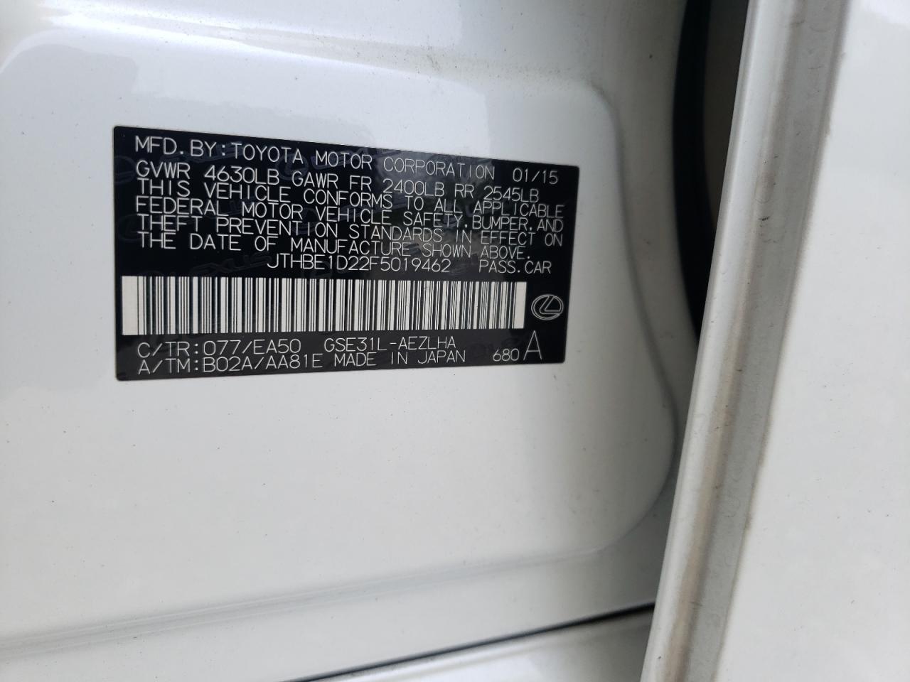 Photo 10 from auction – 2015 LEXUS IS 350 with VIN JTHBE1D22F5019462