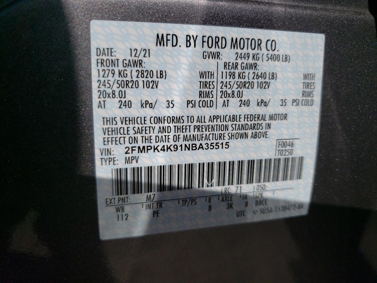 Photo 10 from auction – 2022 FORD EDGE TITAN with VIN 2FMPK4K91NBA35515