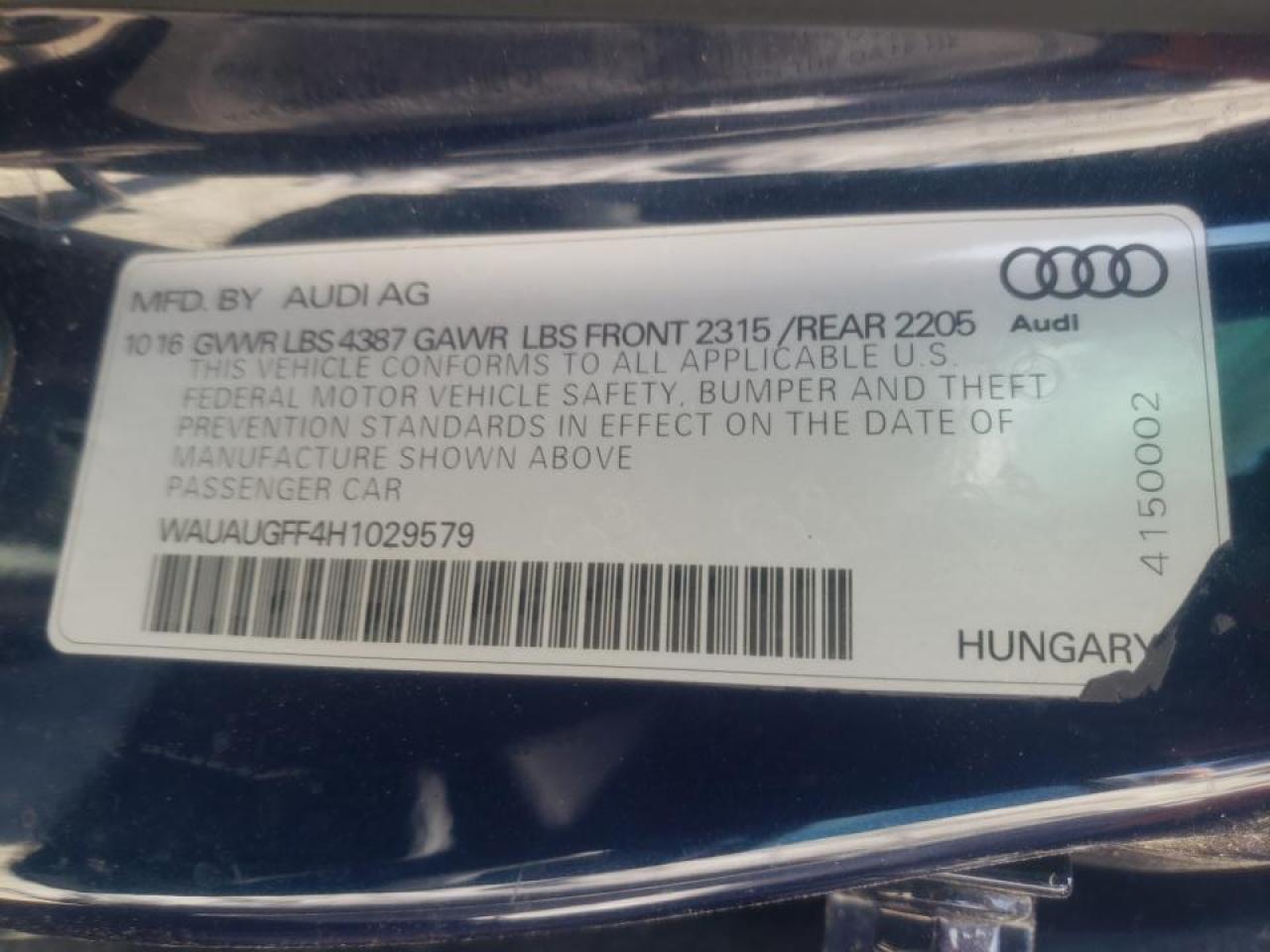 Photo 10 from auction – 2017 AUDI A3 PREMIUM with VIN WAUAUGFF4H1029579