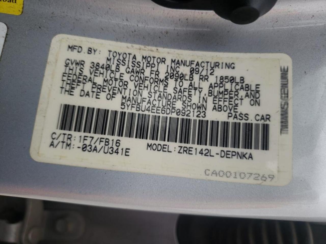 Photo 10 from auction – 2013 TOYOTA COROLLA BA with VIN 5YFBU4EE6DP092123