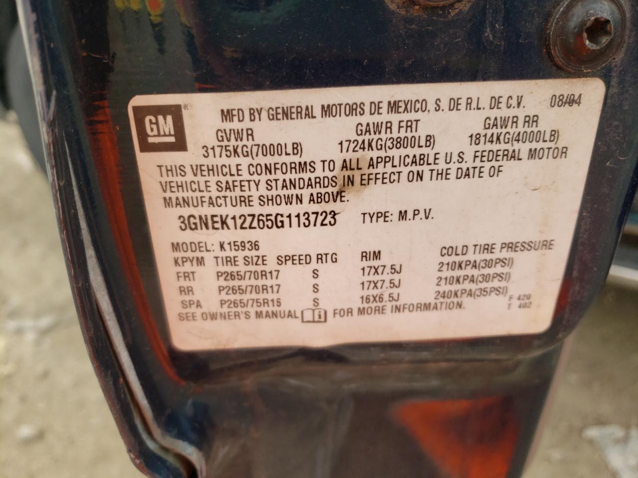 Photo 10 from auction – 2005 CHEVROLET AVALANCHE with VIN 3GNEK12Z65G113723