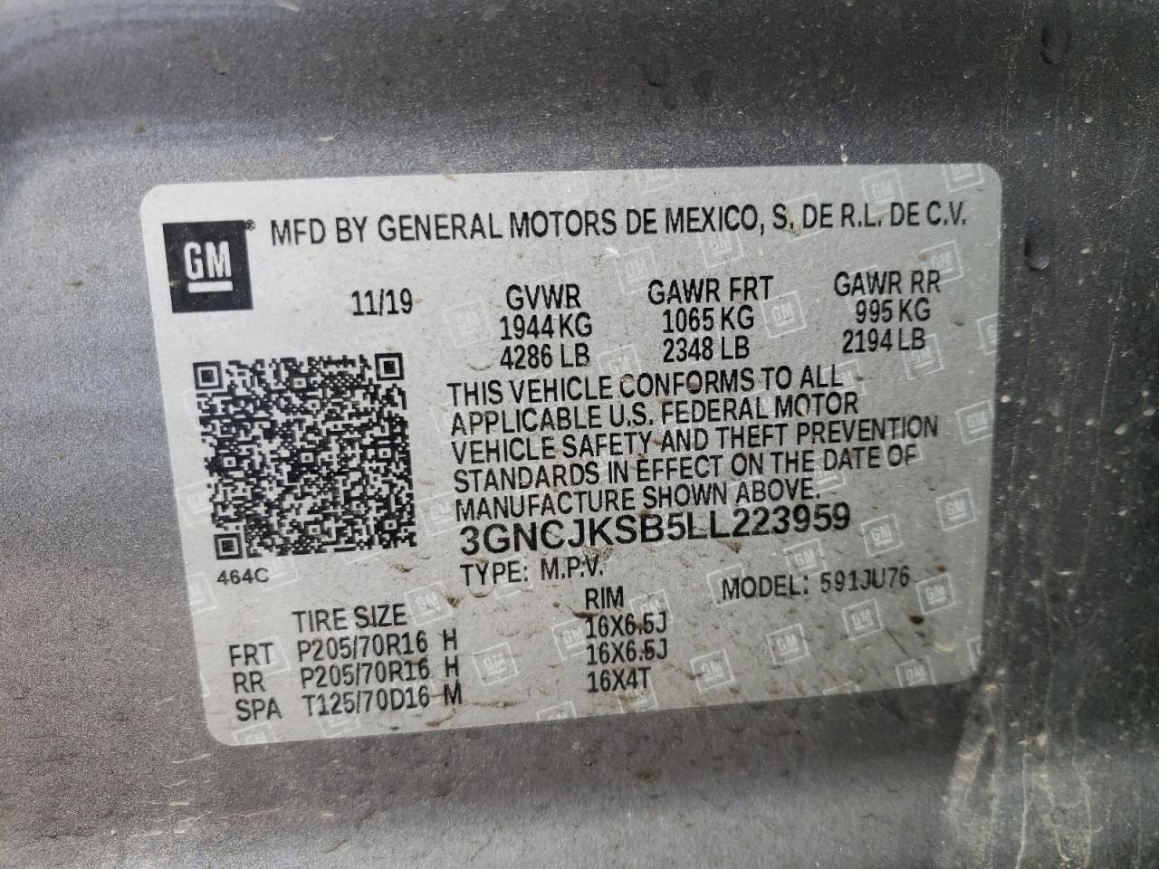 Photo 10 from auction – 2020 CHEVROLET TRAX LS with VIN 3GNCJKSB5LL223959