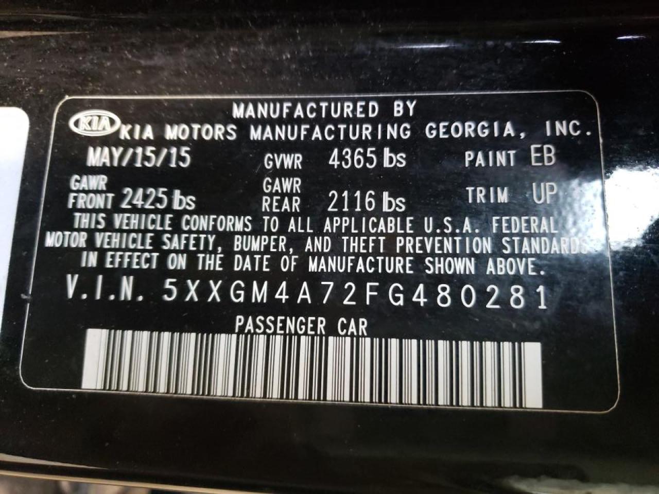 Photo 10 from auction – 2015 KIA OPTIMA LX with VIN 5XXGM4A72FG480281
