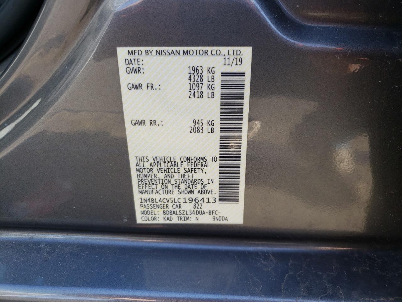 Photo 10 from auction – 2020 NISSAN ALTIMA SR with VIN 1N4BL4CV5LC196413