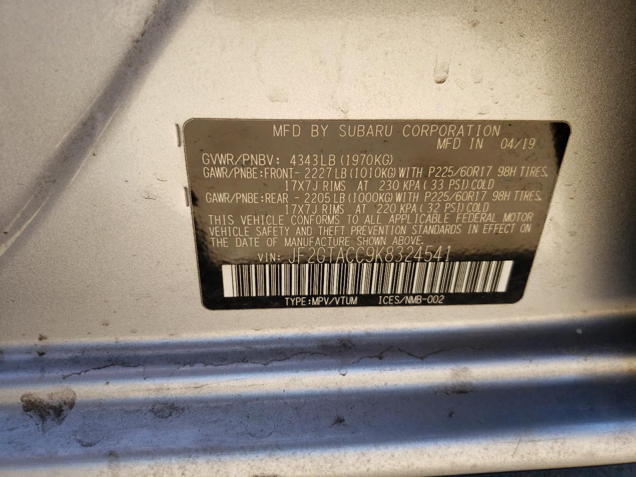 Photo 10 from auction – 2019 SUBARU CROSSTREK with VIN JF2GTACC9K8324541