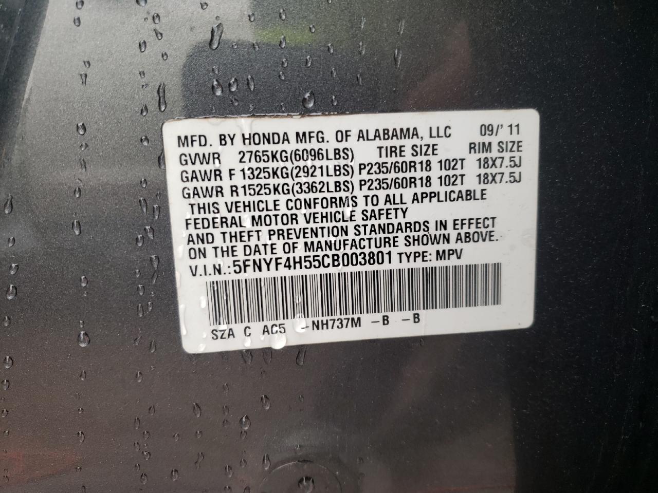 Photo 10 from auction – 2012 HONDA PILOT EXL with VIN 5FNYF4H55CB003801