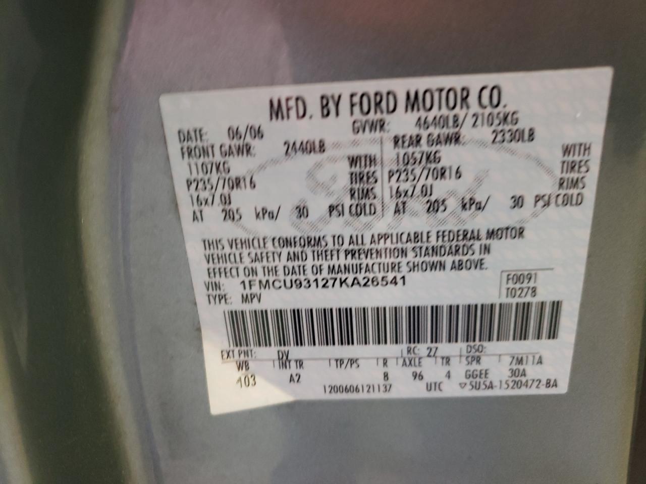 Photo 10 from auction – 2007 FORD ESCAPE XLT with VIN 1FMCU93127KA26541