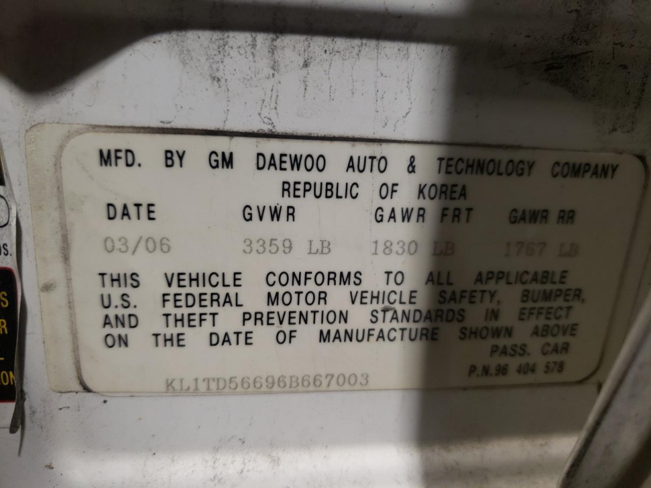 Photo 10 from auction – 2006 CHEVROLET AVEO BASE with VIN KL1TD56696B667003