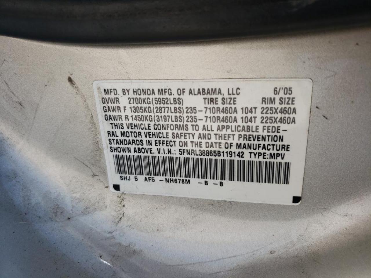 Photo 10 from auction – 2005 HONDA ODYSSEY TO with VIN 5FNRL38865B119142