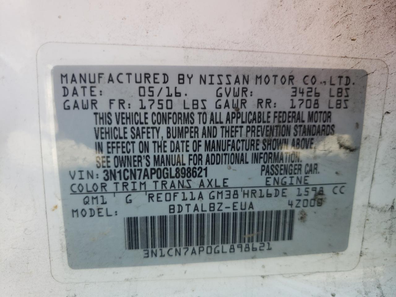 Photo 10 from auction – 2016 NISSAN VERSA S with VIN 3N1CN7AP0GL898621