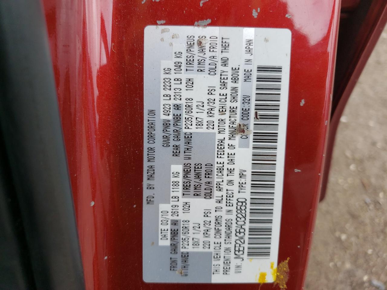 Photo 10 from auction – 2010 MAZDA CX-7 with VIN JM3ER2W36A0328590