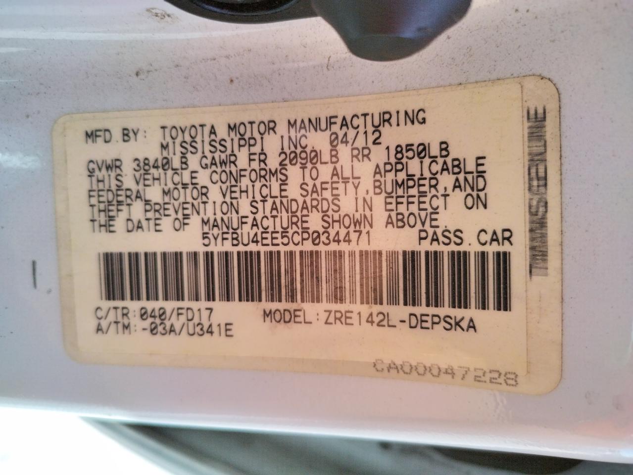 Photo 10 from auction – 2012 TOYOTA COROLLA BA with VIN 5YFBU4EE5CP034471