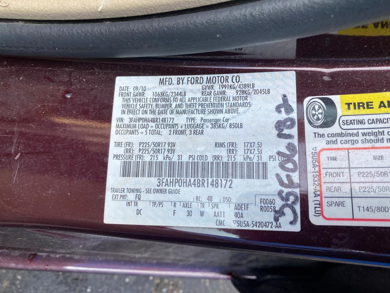 Photo 10 from auction – 2011 FORD FUSION SE with VIN 3FAHP0HA4BR148172