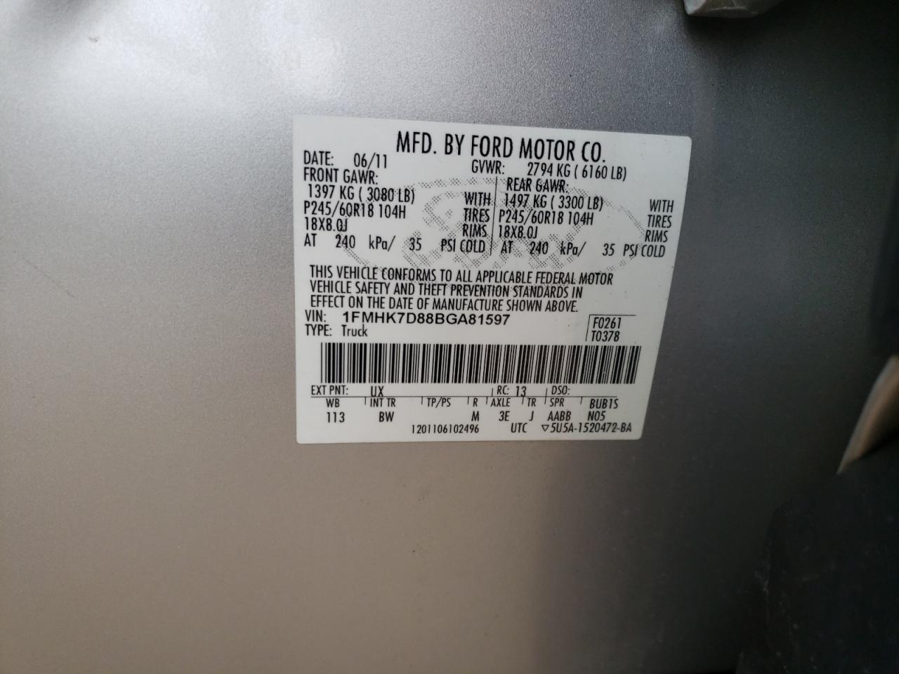 Photo 10 from auction – 2011 FORD EXPLORER X with VIN 1FMHK7D88BGA81597