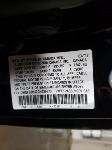 Photo 10 from auction – 2012 HONDA CIVIC LX with VIN 2HGFG3B57CH539670