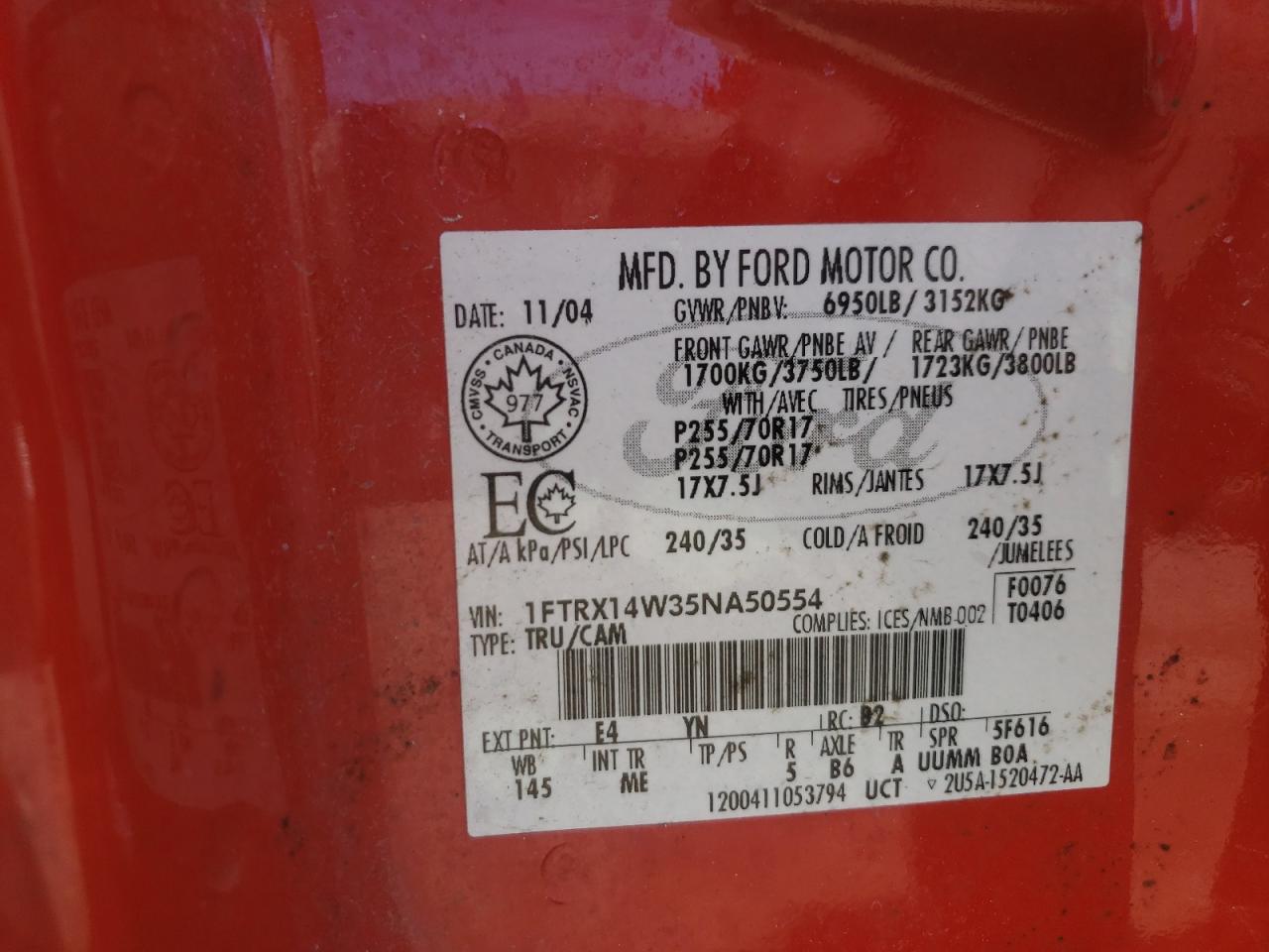 Photo 10 from auction – 2005 FORD F150 with VIN 1FTRX14W35NA50554