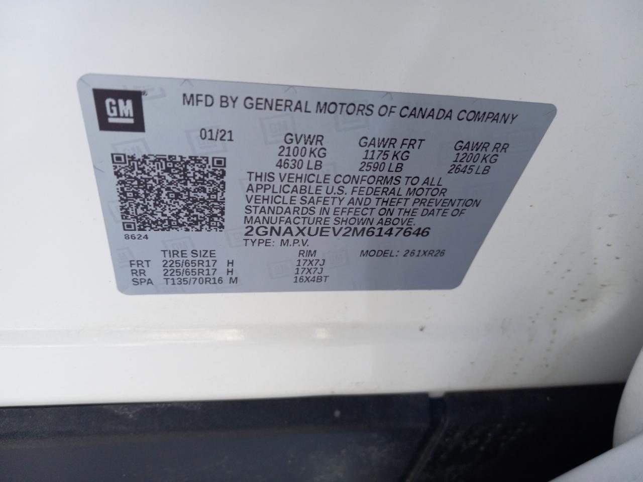 Photo 10 from auction – 2021 CHEVROLET EQUINOX LT with VIN 2GNAXUEV2M6147646