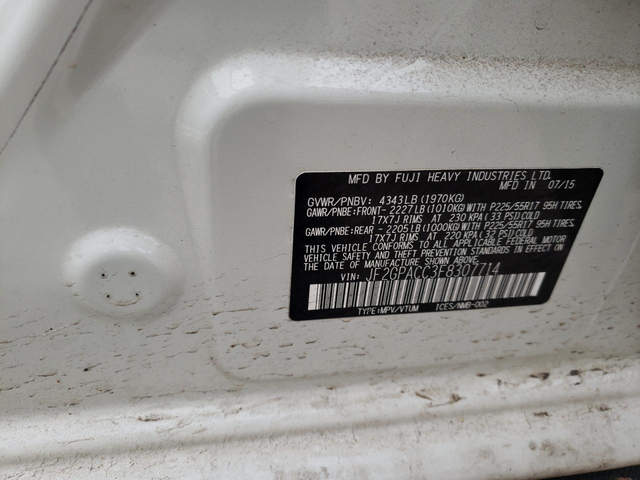 Photo 10 from auction – 2015 SUBARU XV CROSSTR with VIN JF2GPACC3F8307714