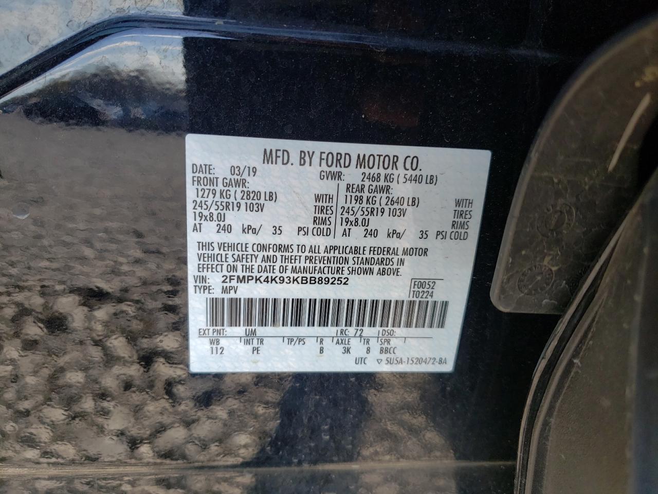 Photo 10 from auction – 2019 FORD EDGE TITAN with VIN 2FMPK4K93KBB89252